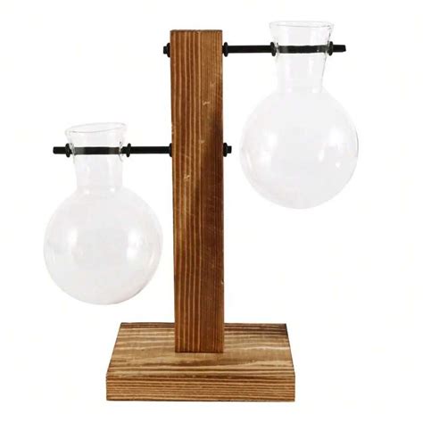 Glass Desktop Planter Bulb Vase Wooden Stand Hydroponic Plant Container ...