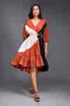 Buy Orange Cotton V-neck Color Block Top And Skirt Set For Women by ...