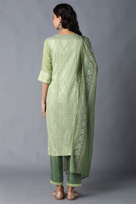 Buy Green Printed kurta, Trousers and Dupatta Set Online for Woman ...