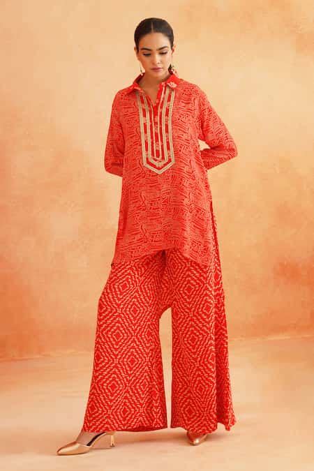 Buy Red Crepe Embroidery Zara Dotted Print Asymmetric Tunic And Wide ...