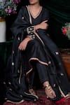 Buy Black Degummed Raw Silk Zardozi V Neck Embroidered Kurta Set For ...