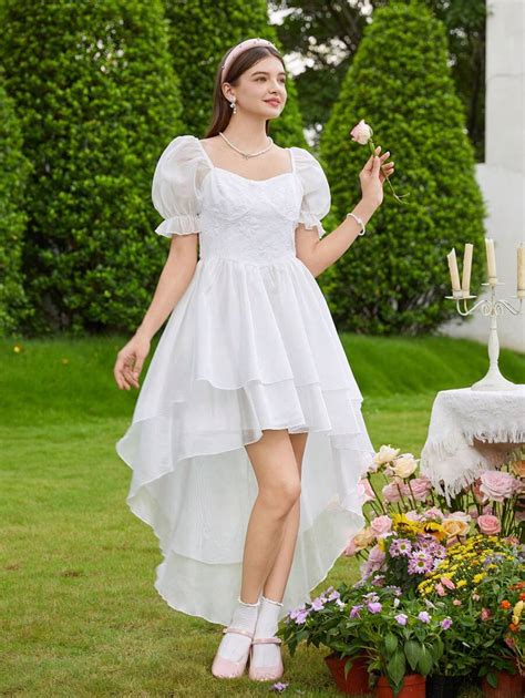 SHEIN Teen Girl Woven Jacquard Patchwork Organza Double-Layered Dress ...