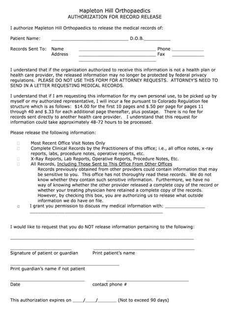 Fillable Online Bauthorizationb for record breleaseb - Mapleton Hill ...