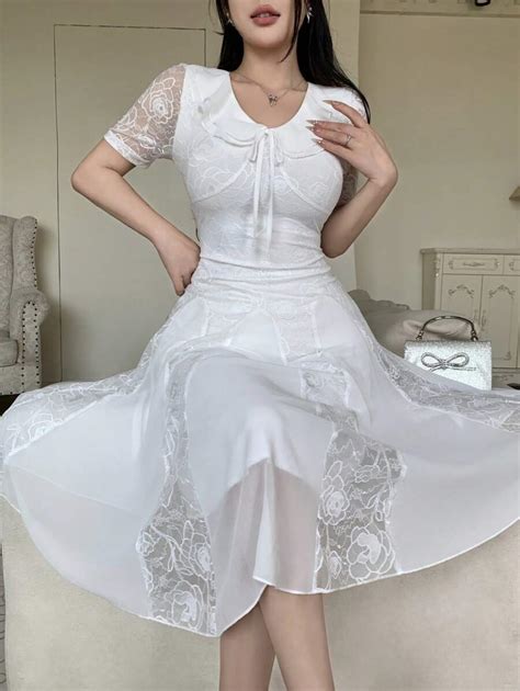 Modelyn Women's Lace Patchwork Bow Collar Tie-Waist Sweet Elegant ...