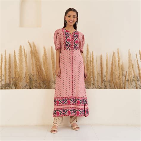 Buy Baby Pink Bandhani Inspired Kurta Pant Co-ord Set for Women with ...