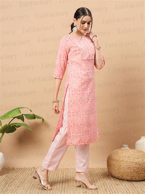 Pink Notch Neck Calf Length Poly Rayon Kurta With Pant – The Fab Factory