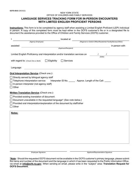 OCFS-5033. Language Services Tracking Form for In-Person Encounters ...