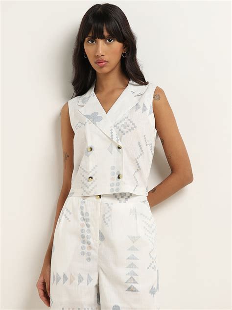 Buy Bombay Paisley Off-White Printed Waistcoat-Style Cotton Top from ...