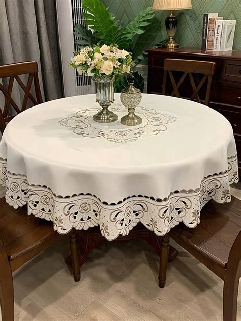 1pc Floral Pattern Tablecloth, Modern Polyester Round Embroidered ...