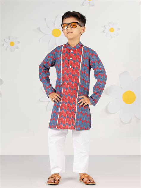 Blue Kantha Floral Kurta Pyjama Set Boys - Vastramay – vastramay
