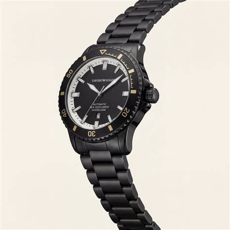 Premium Black Stainless Steel Diver Style Watch Black Dial Gold Accent ...