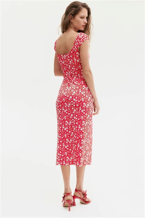 Drawstring-detail bodycon dress - Red/Floral - Ladies | H&M IN
