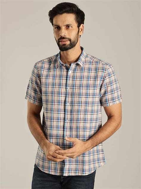 Buy Men Checked Half Sleeve Linen Blend Shirt Online | Indian Terrain