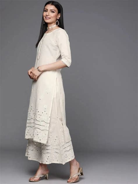 Buy Off-White Embroidered Cotton Straight Kurta With Palazzos & Dupatta ...