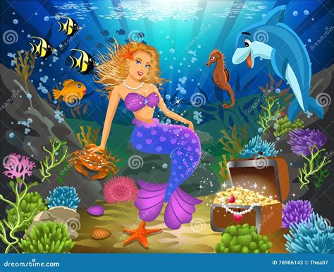 Mermaid Sitting on a Rock Underwater Surrounded by Fish Stock Vector ...