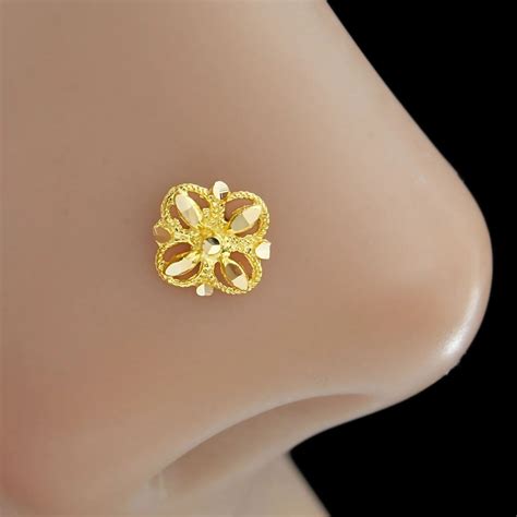 18K Real Gold floral square Nose pin nose ring Push Pin – Karizma Jewels