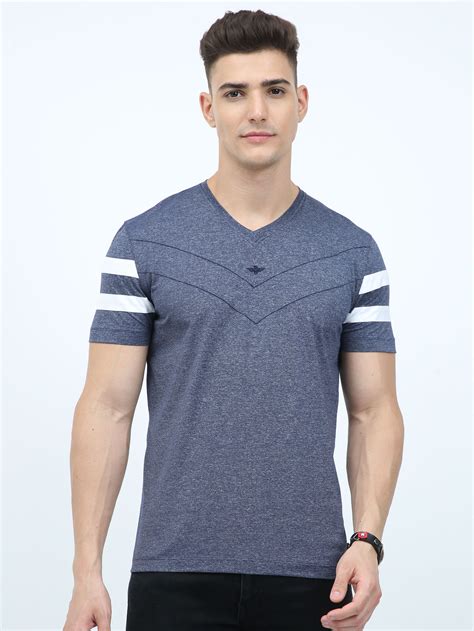Buy Navy Blue Men's Cotton vee neck t shirts Online | Stellers