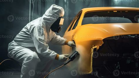 Car painter in protective clothes and mask painting a car, mechanic using a paint spray gun in a ...