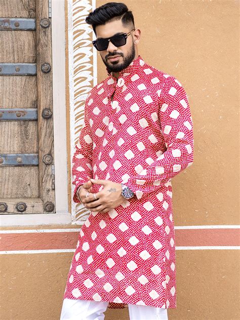 Buy Red Bandhani Printed Cotton Mens Kurta Online | Tistabene