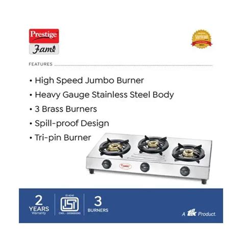 Prestige Fame Stainless Steel 3 burner Gas Stove | Silver – Rasoi Shop