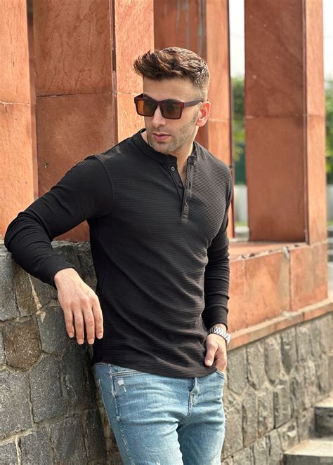 Gritstones Black Self Design Henley Neck T-Shirt