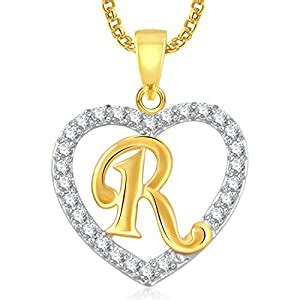 MEENAZ 'R' Letter Heart Gold Plated American Diamond Cz Chain Pendants ...