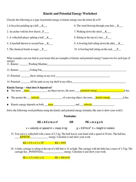 Image result for Kinetic Energy Worksheet Answer Key