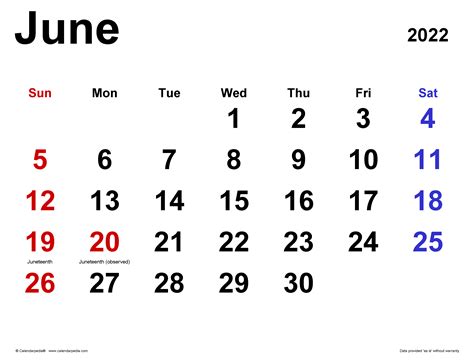 June 2022 Calendar | Templates for PDF, Excel and Word