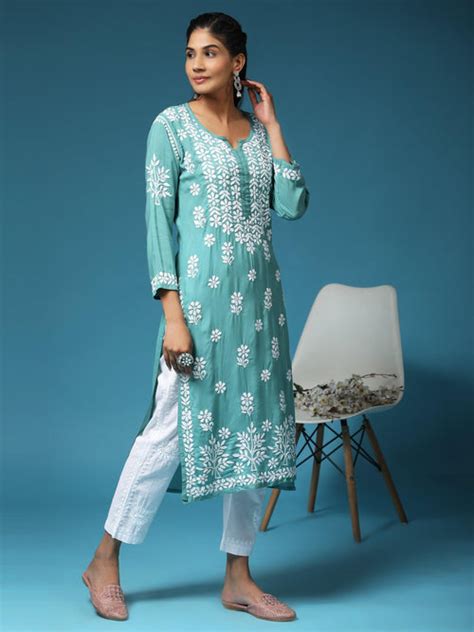 Samma Premium Hand Embroidery Chikankari Kurta in Modal Cotton- Pista ...