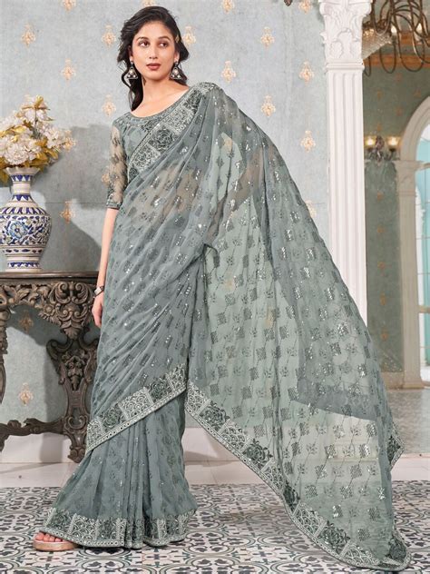 Mitera Embellished Sequinned Pure Georgette Heavy Work Saree - Price ...