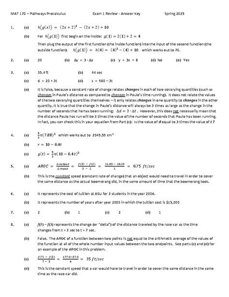 MAT 170 - Pathways Precalculus Exam 1 Review Answer Key Spring 2025 ...