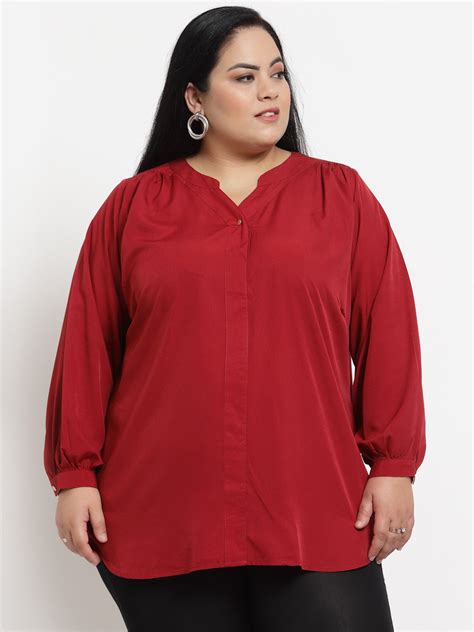 plusS Red Plusize Mandarin Collar Top – pluss.in