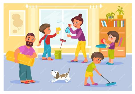 Premium Vector | Happy family tidying up room Children helping parents ...