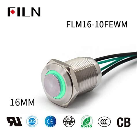 FILN Latching Push Button Switch 12V: 16mm Metal, Ring LED, High Head