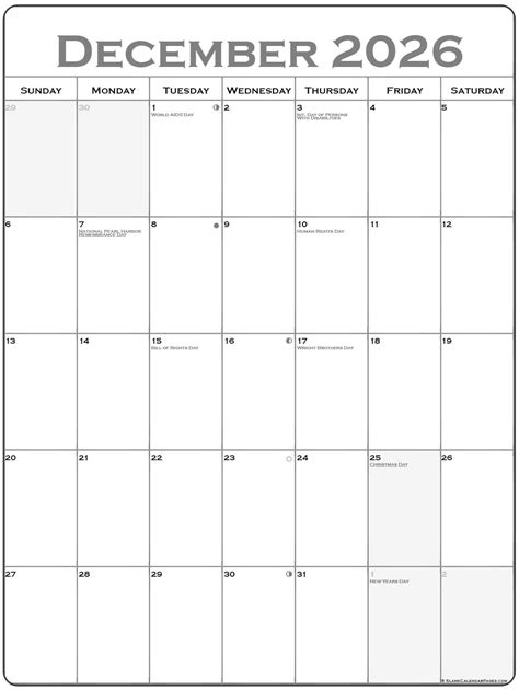 December 2026 Vertical Calendar | Portrait