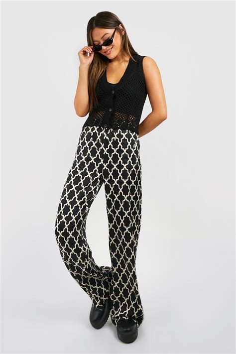 Satin Tile Print Wide Leg Trouser | boohoo UK