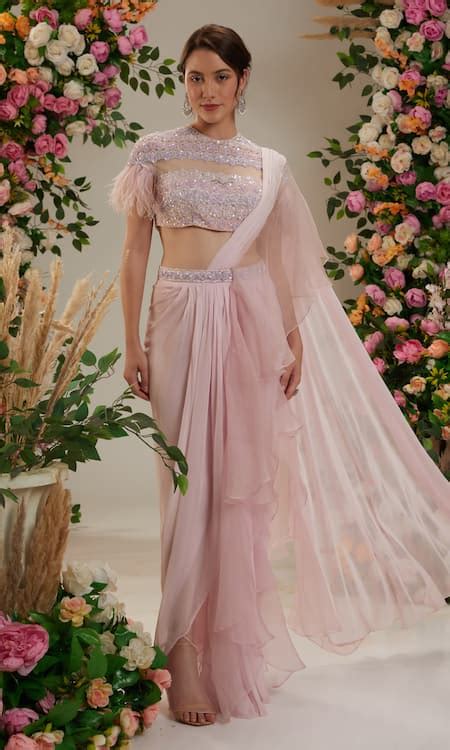 Buy Pink Net, Georgette Cut Work, Sequins, Pearls Round Pre-draped ...