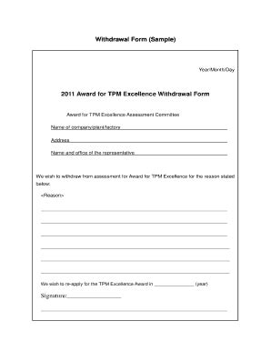 Fillable Online Withdrawal Form (Sample) 2011 Award for TPM Excellence ...