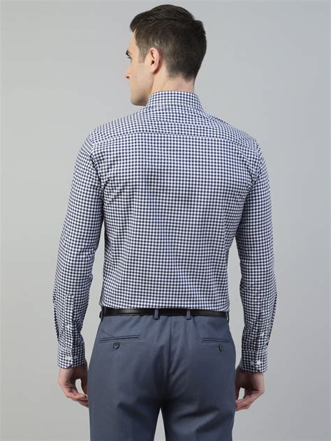 Men White & Navy Wrinkle Resistant Gingham Checked Pure Cotton Slim Fi