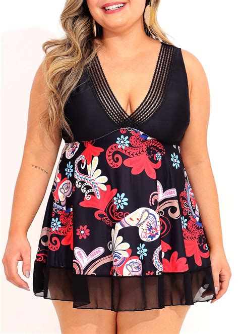 Mesh Stitching Tribal Print Plus Size Swimdress Top | modlily.com - USD ...