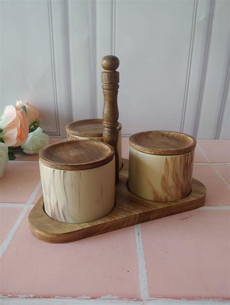 Ivory Artisan Stoneware Stackable Ceramic Spice Jars (300ml) with Wood ...