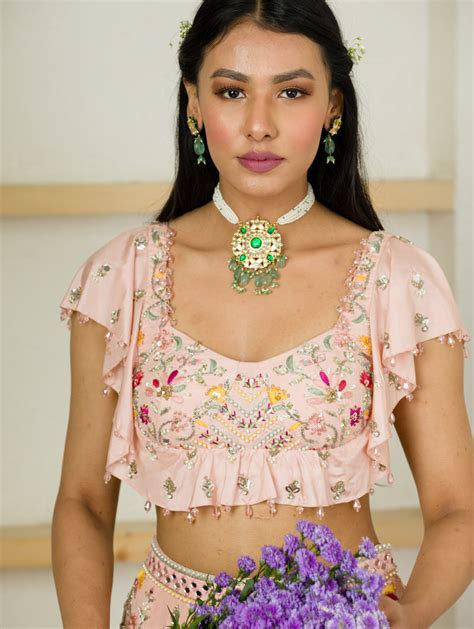 Buy SOFT PINK MULTI COLOR EMBROIDERED RUFFLE BLOUSE AND LEHENGA SET By ...