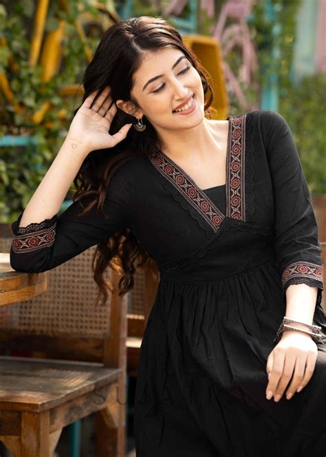Black cotton dress with Ajrakh border in neckline & sleeves – Sujatra