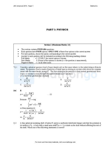 JEE Advanced 2019 Paper 1 Mathon Go - PART I: PHYSICS Section 1 ...
