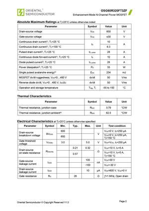 OSG60R340DT3F MOSFET Datasheet pdf - Equivalent. Cross Reference Search