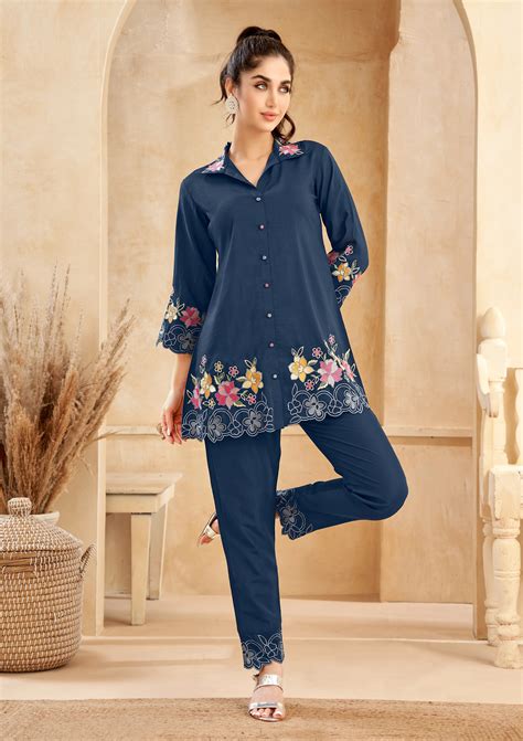 Dark Blue Roman Silk Floral Embroidered Co-Ord Set – Kaftanize