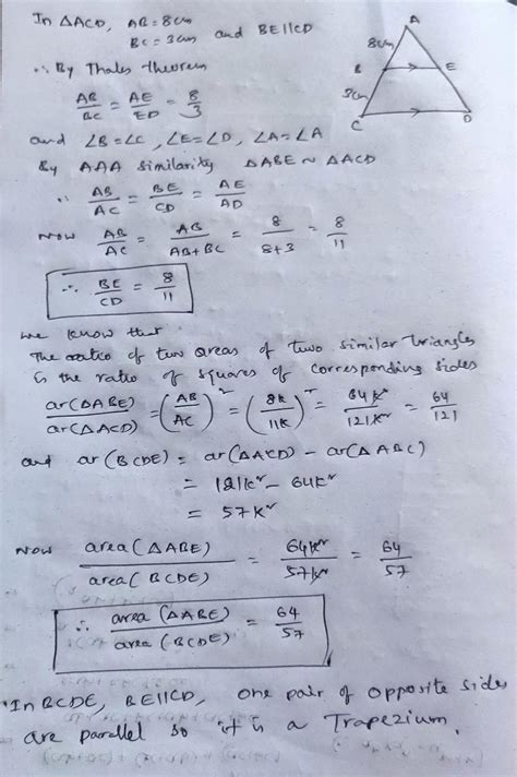 In the given figure, AB = 8cm, BC = 3cm and BE is parallel to CD.(i ...