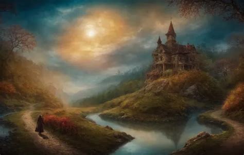 Wallpaper girl, the sun, castle, hills, fantasy, path, pond, AI art for ...