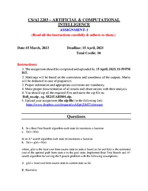 Assignment CSE - work - CS/AI 2203 – ARTIFICIAL & COMPUTATIONAL ...