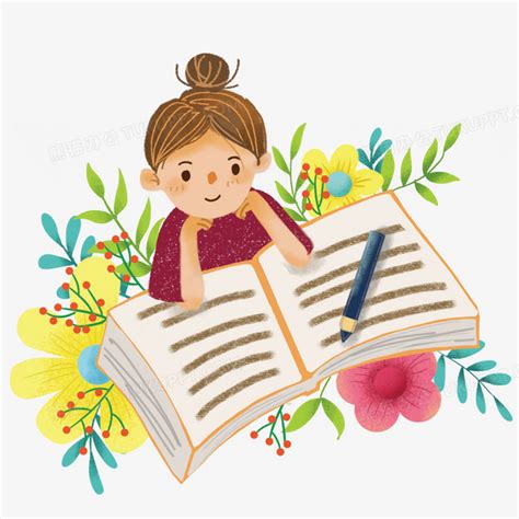手绘插画风阅读的小女孩PNG图片素材下载_手绘PNG_熊猫办公